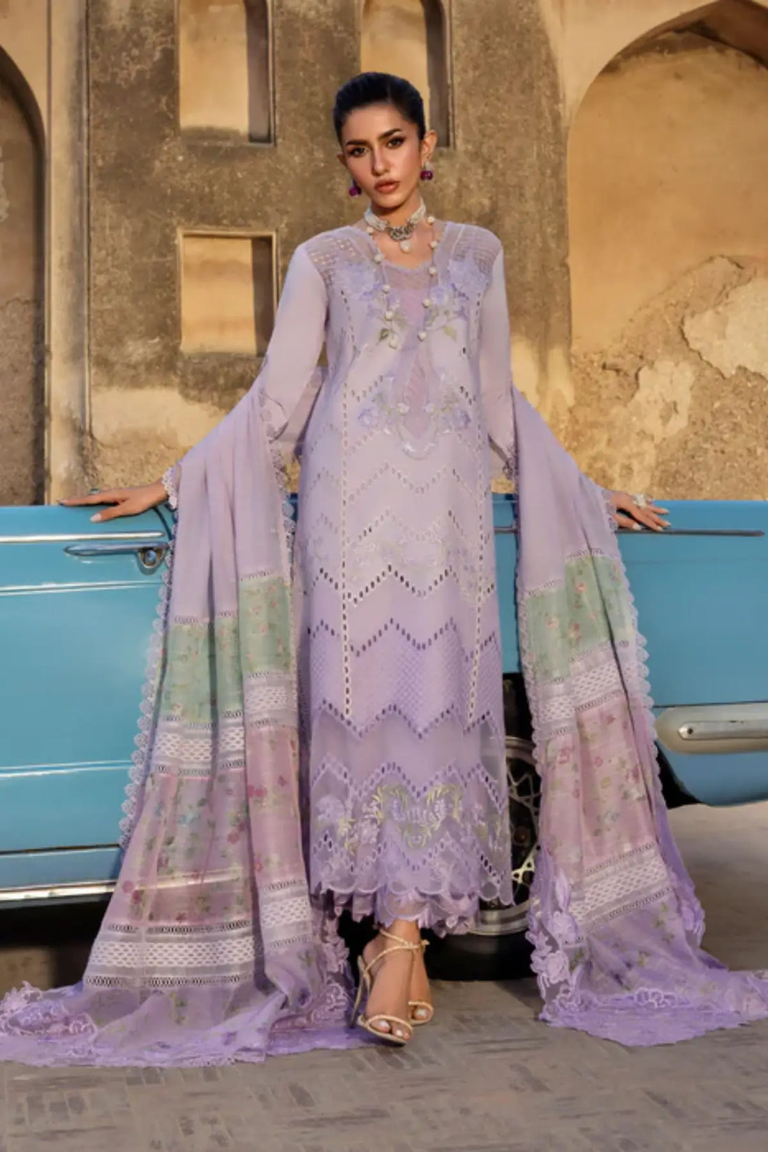 AMBRE 1A lilac Saira Shakira Bloom lawn stitched 3PC suit with monar dupatta