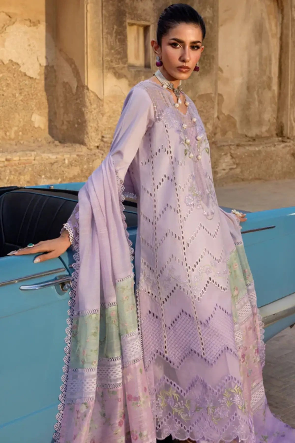 AMBRE 1A lilac Saira Shakira Bloom lawn stitched 3PC suit with monar dupatta