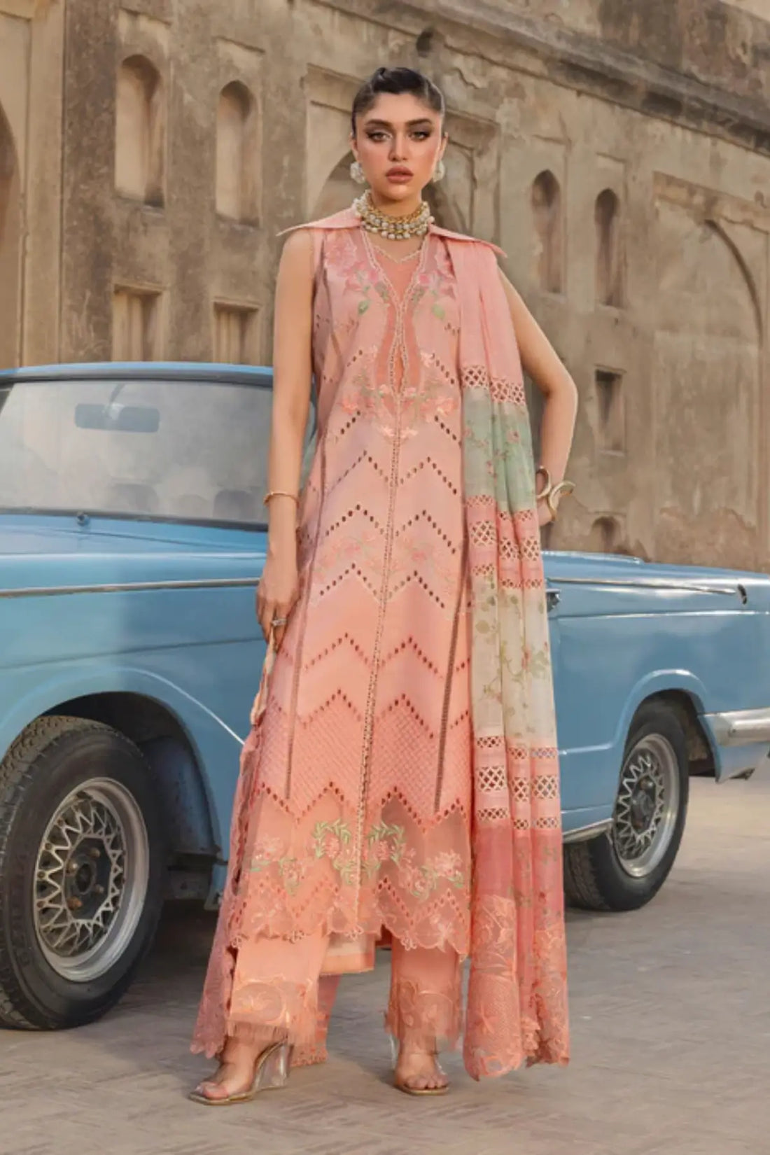 AMBRE 1B peach orange Saira Shakira lawn stitched 3PC suit with monar dupatta
