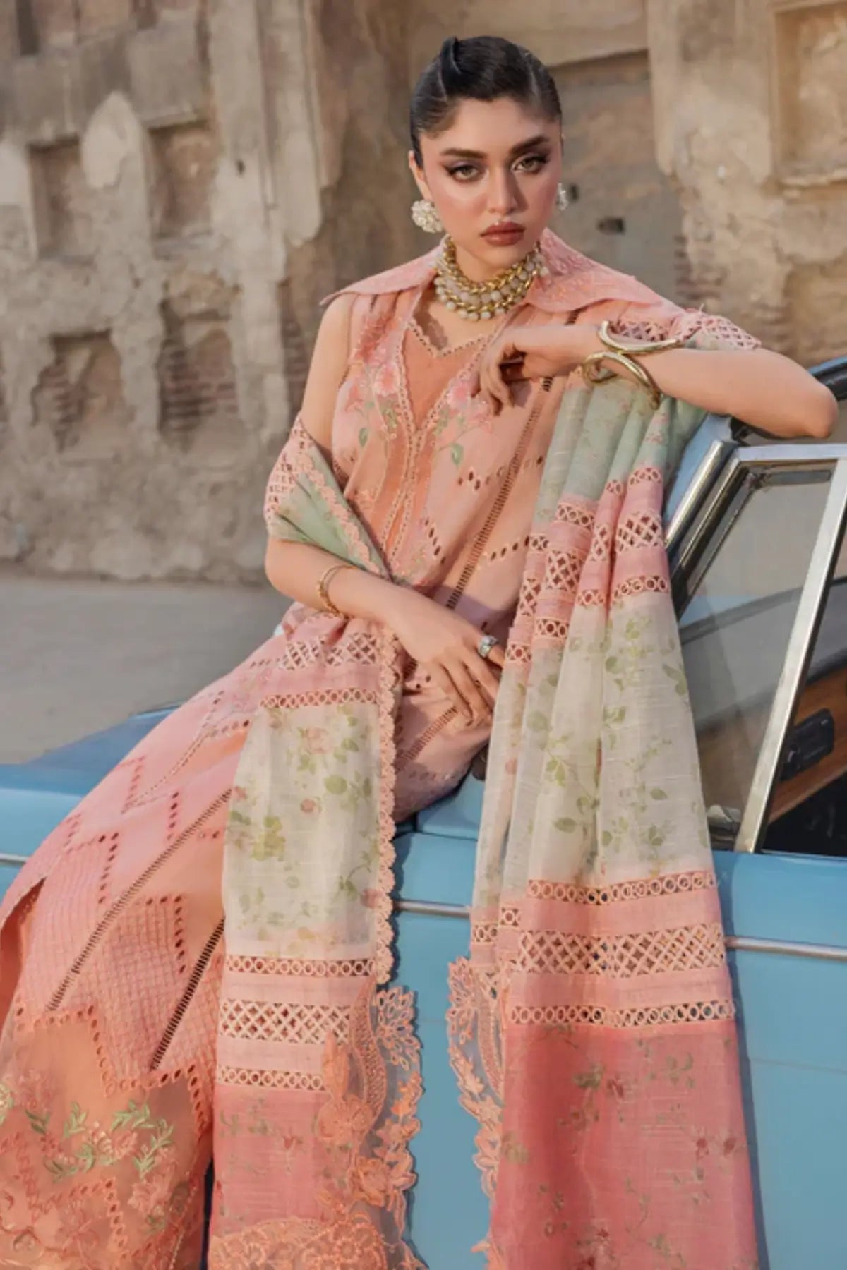 AMBRE 1B peach orange Saira Shakira lawn stitched 3PC suit with monar dupatta