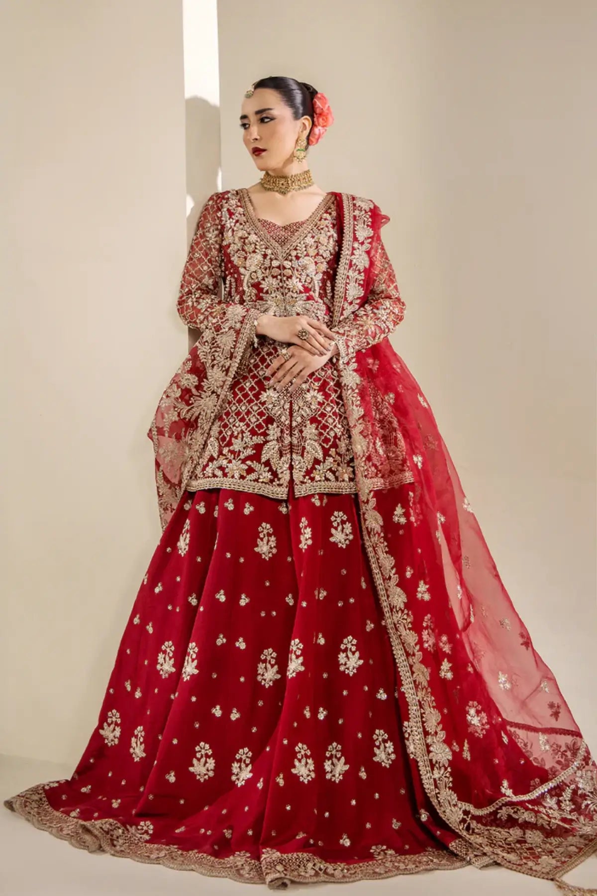 Saad Shaikh AMÉLIE red stitched lehenga kurti with heavy gold embroidery and dupatta for wedding wear