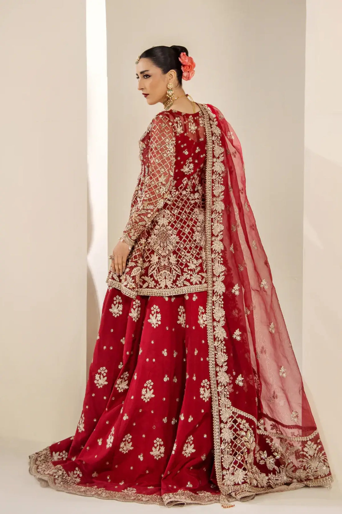 Saad Shaikh AMÉLIE red stitched lehenga kurti with heavy gold embroidery and dupatta for wedding wear