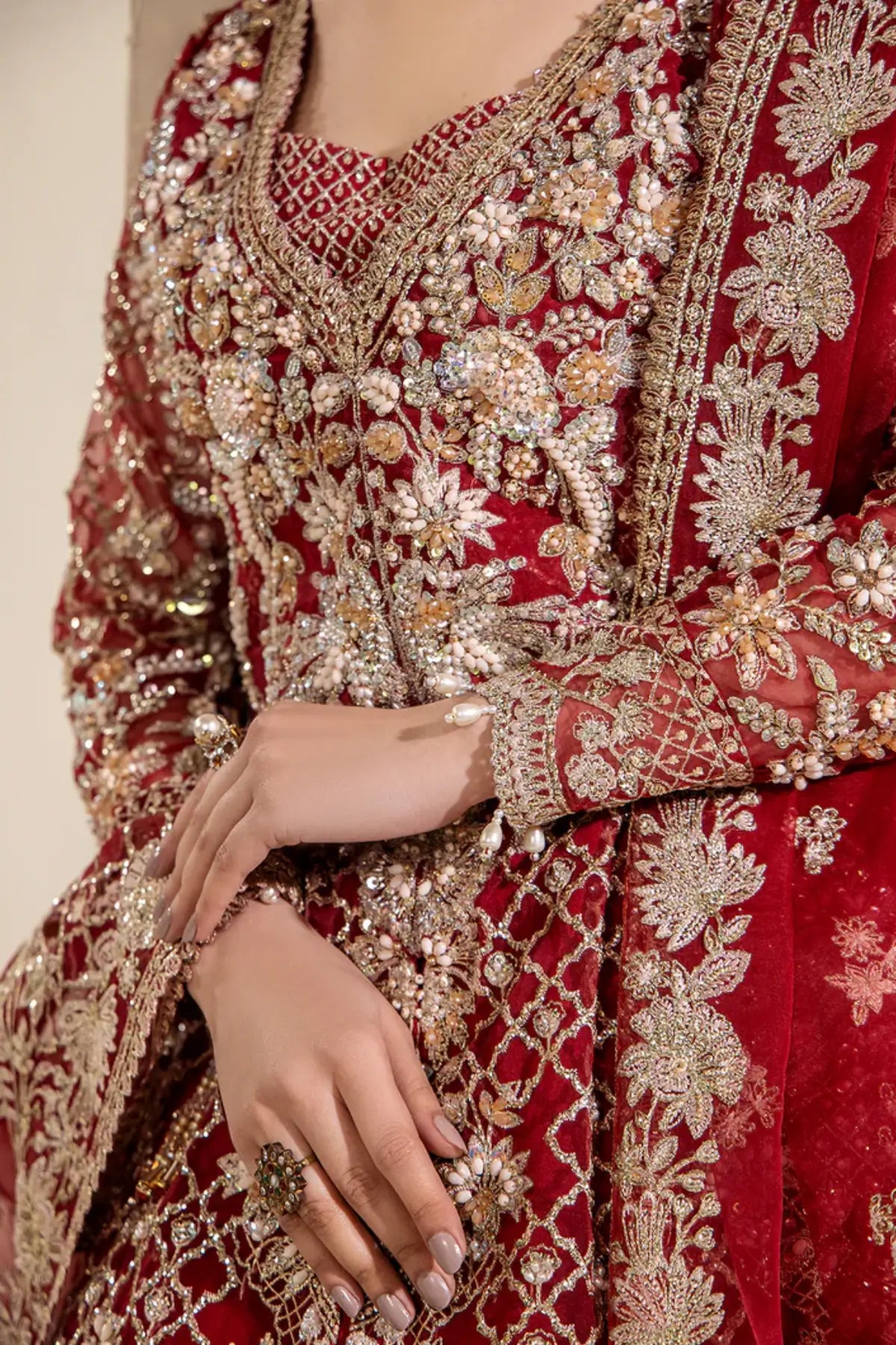 Saad Shaikh AMÉLIE red stitched lehenga kurti with heavy gold embroidery and dupatta for wedding wear