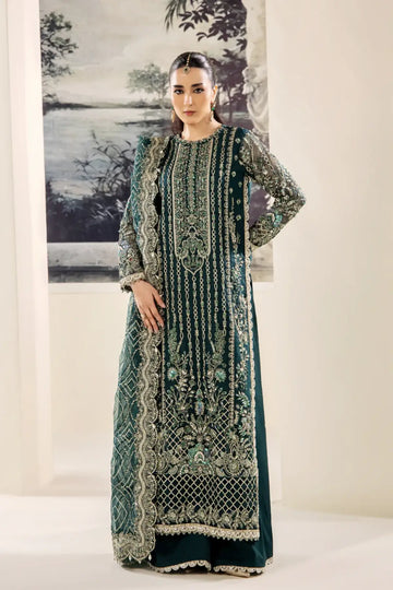 Saad Shaikh AMORE zinc green formal suit embroidered organza shirt dupatta dyed raw silk bottom