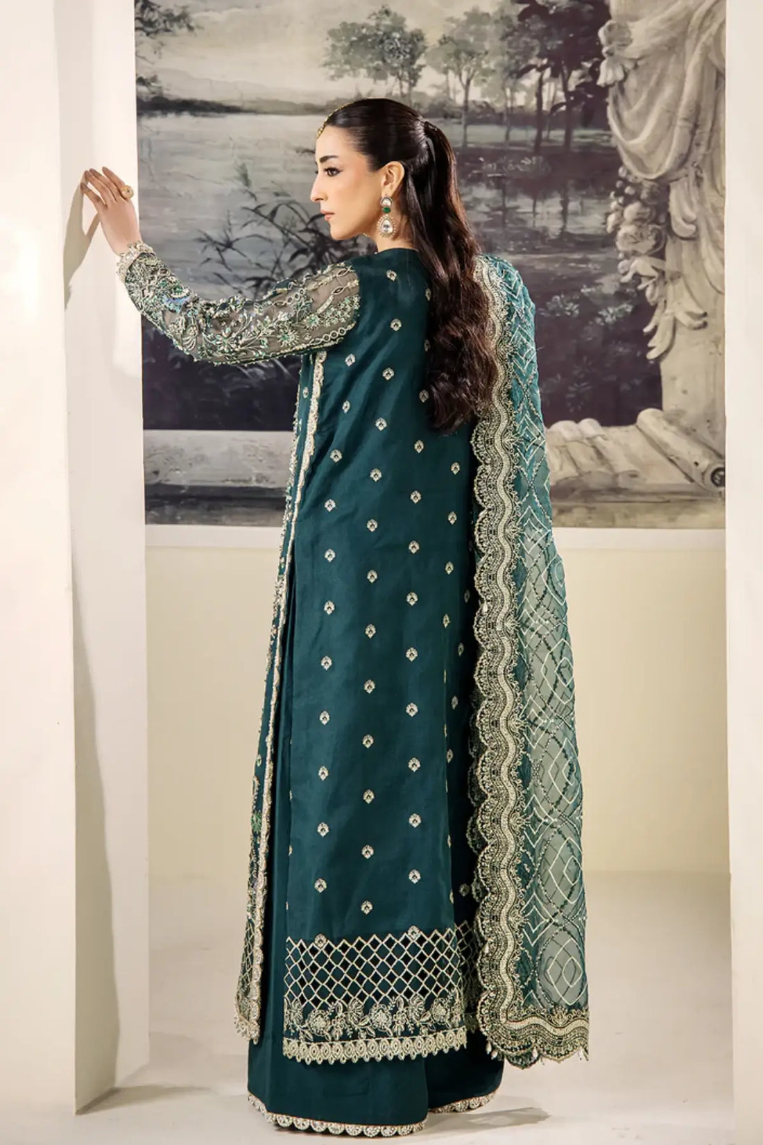 Saad Shaikh AMORE zinc green formal suit embroidered organza shirt dupatta dyed raw silk bottom