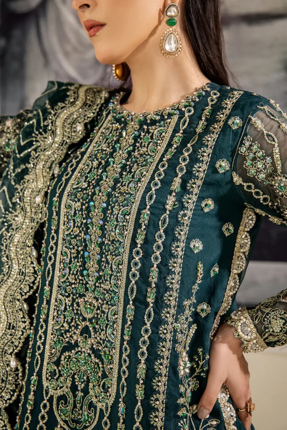 Saad Shaikh AMORE zinc green formal suit embroidered organza shirt dupatta dyed raw silk bottom