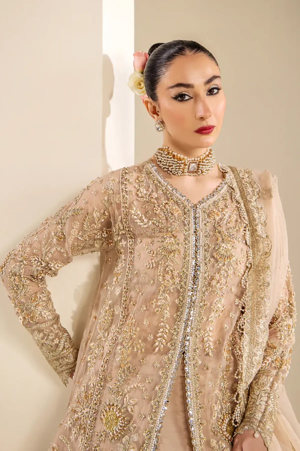 ANASTASIA by Saad Shaikh beige embroidered stitched formal suit with dupatta for engagement events | Pakistanimoda