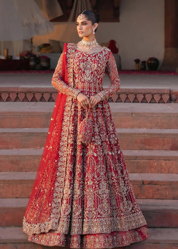 ARMAL – Red bridal pishwas with hand embroidery, Korean silk lehenga, and net dupatta. Stitched Pakistani bridal outfit online at Pakistanimoda.
