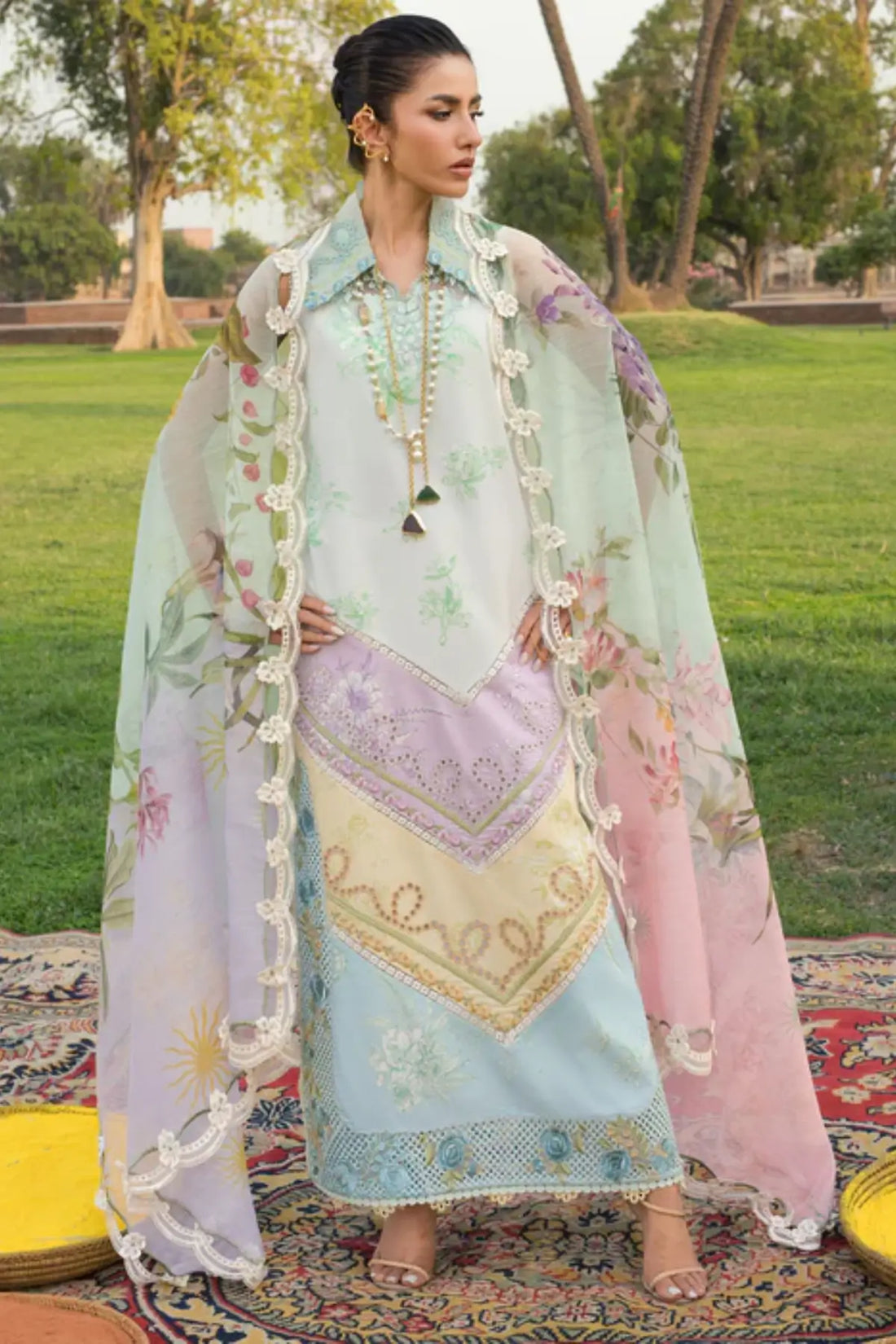 AVA 1A sky blue Saira Shakira Bloom lawn stitched 3PC suit with monar dupatta
