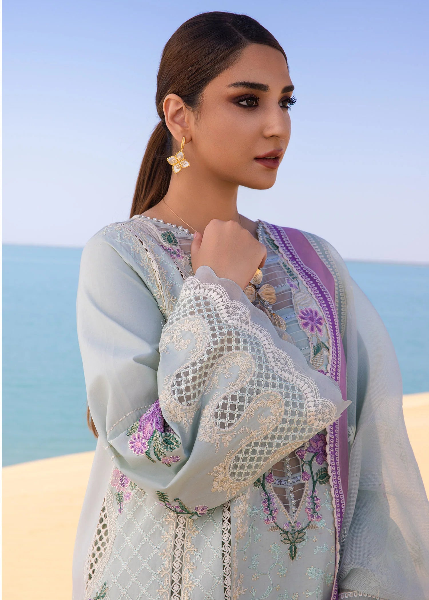 A Handmade Tale - D2 A- Powder Blue Embroidered Lawn Outfit By- Crimson