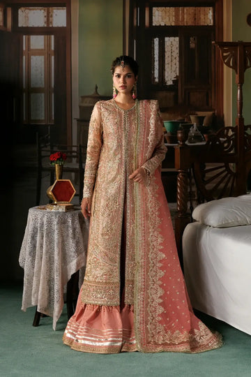Aabroo peach embroidered tissue zari stitched sharara suit with silver detailing, raw silk sharara and embellished organza dupatta