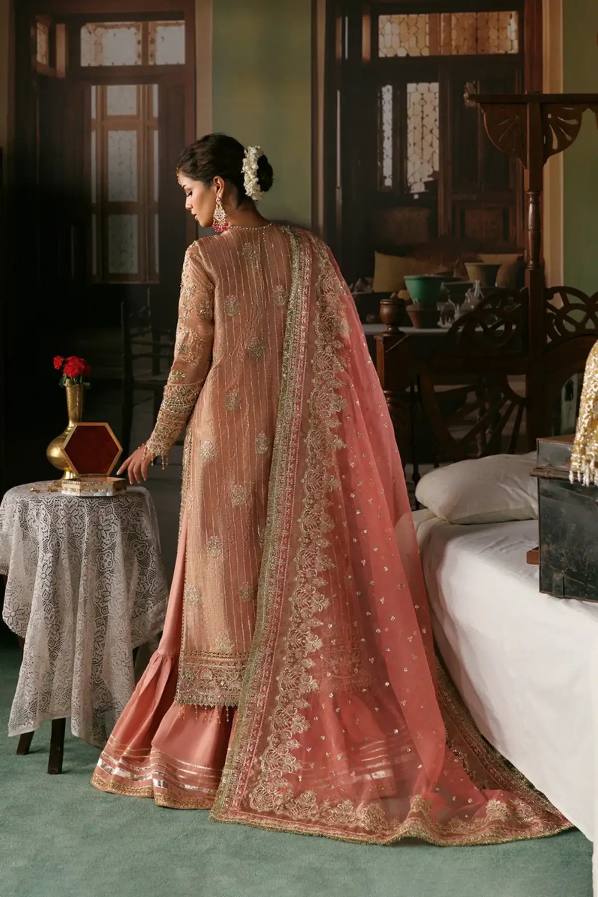 Aabroo peach embroidered tissue zari stitched sharara suit with silver detailing, raw silk sharara and embellished organza dupatta