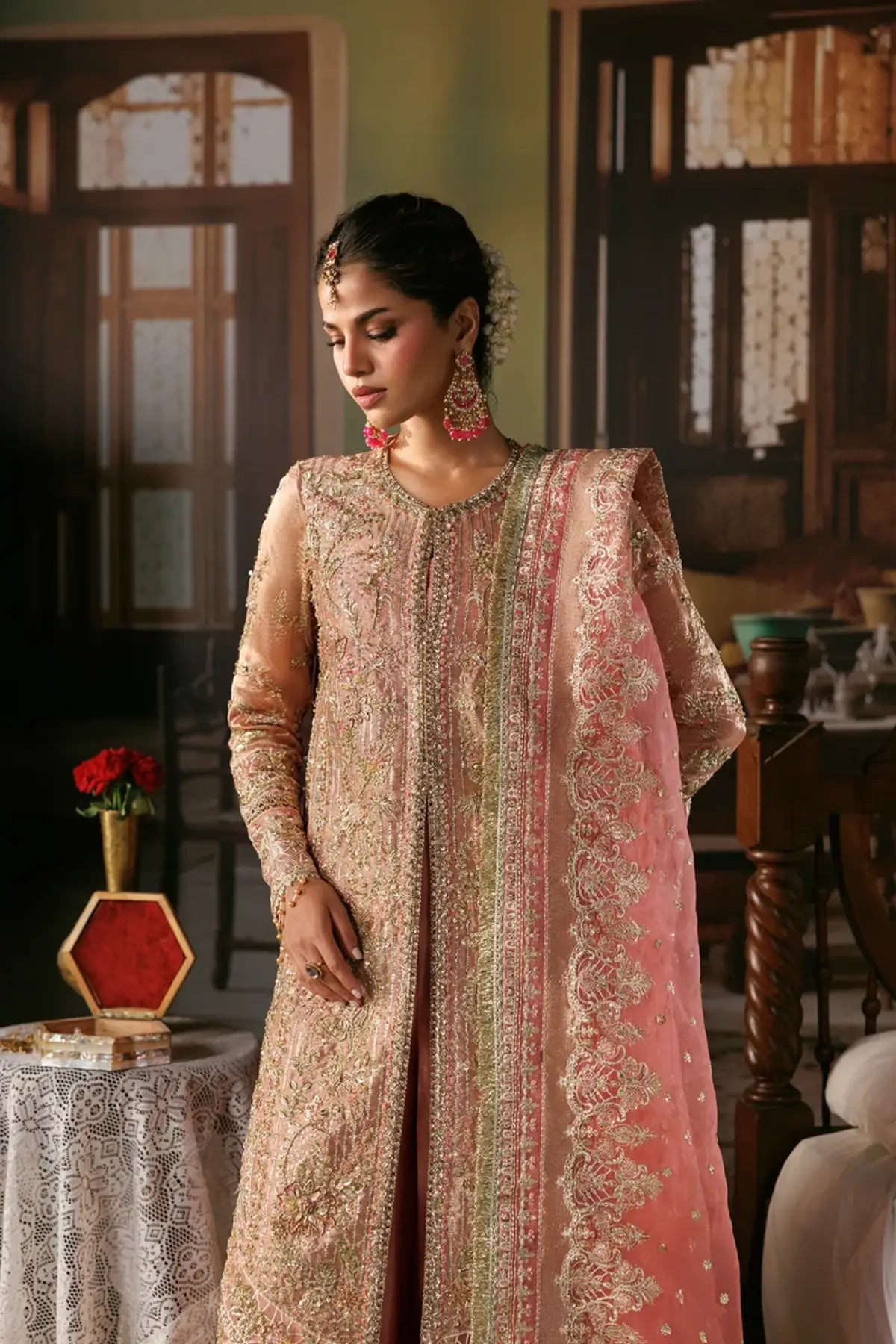 Aabroo peach embroidered tissue zari stitched sharara suit with silver detailing, raw silk sharara and embellished organza dupatta