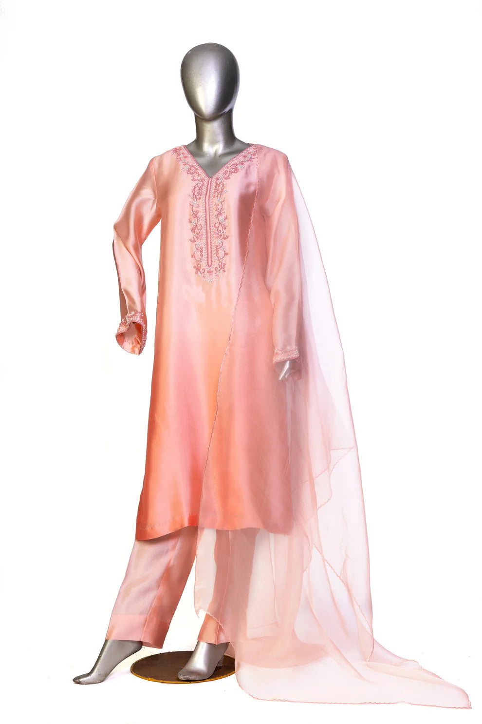 Aabroo– Peach Pink Sheesha Silk Suit with Hand Embroidery