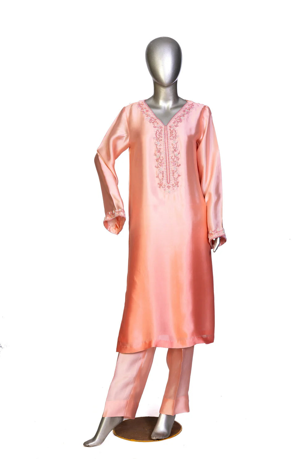 Aabroo– Peach Pink Sheesha Silk Suit with Hand Embroidery