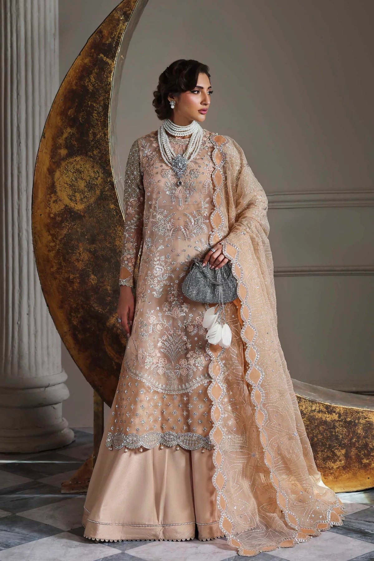 Classic peach organza embroidered long shirt with silk trousers and dupatta – Aabroza by Akbar Aslam, formal wear outfit available at Pakistanimoda.com.