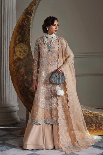 Classic peach organza embroidered long shirt with silk trousers and dupatta – Aabroza by Akbar Aslam, formal wear outfit available at Pakistanimoda.com.