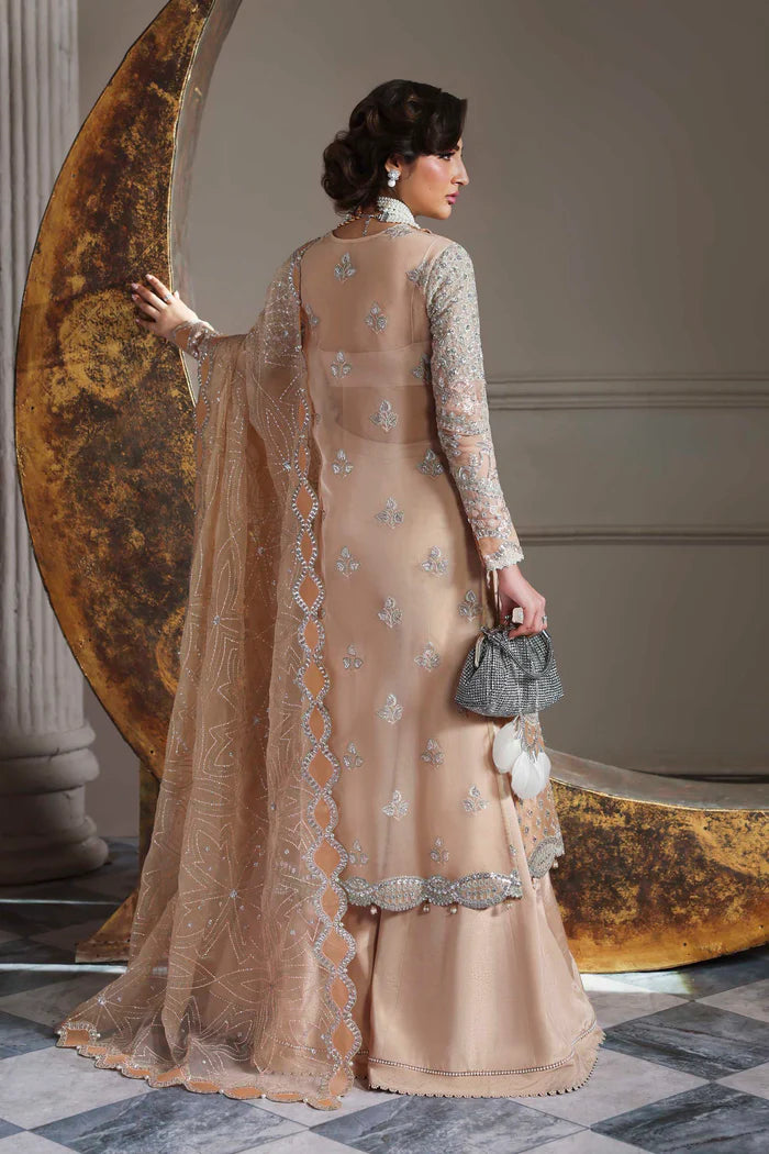 Classic peach organza embroidered long shirt with silk trousers and dupatta – Aabroza by Akbar Aslam, formal wear outfit available at Pakistanimoda.com.