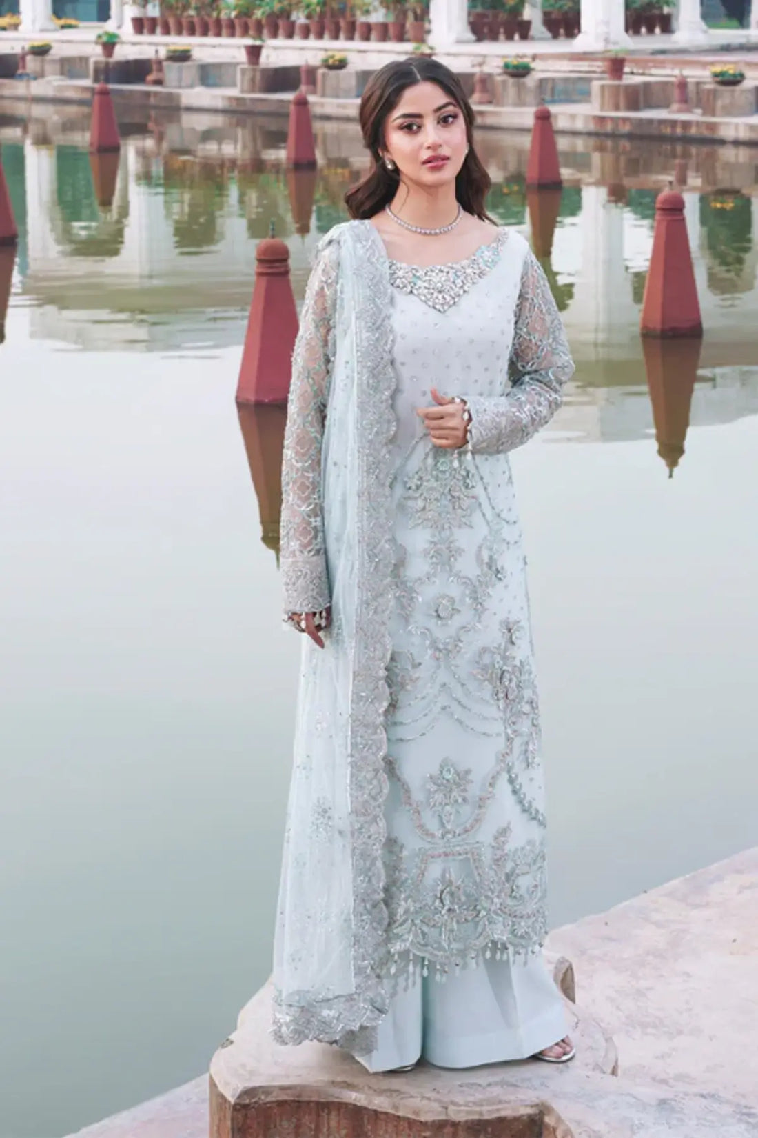 Aabshaar Imrozia Serene Sajal Vol 02 aqua blue stitched engagement formal dress 3D embroidered net Pakistanimoda.com