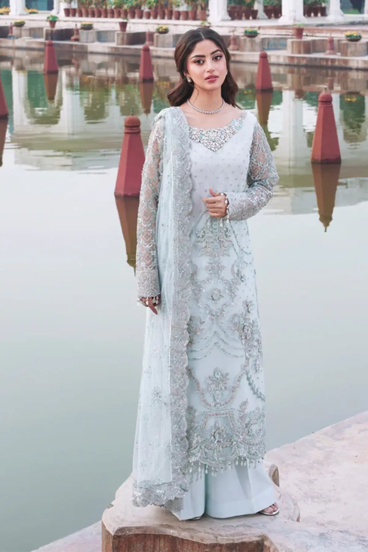 Aabshaar Imrozia Serene Sajal Vol 02 aqua blue stitched engagement formal dress 3D embroidered net Pakistanimoda.com
