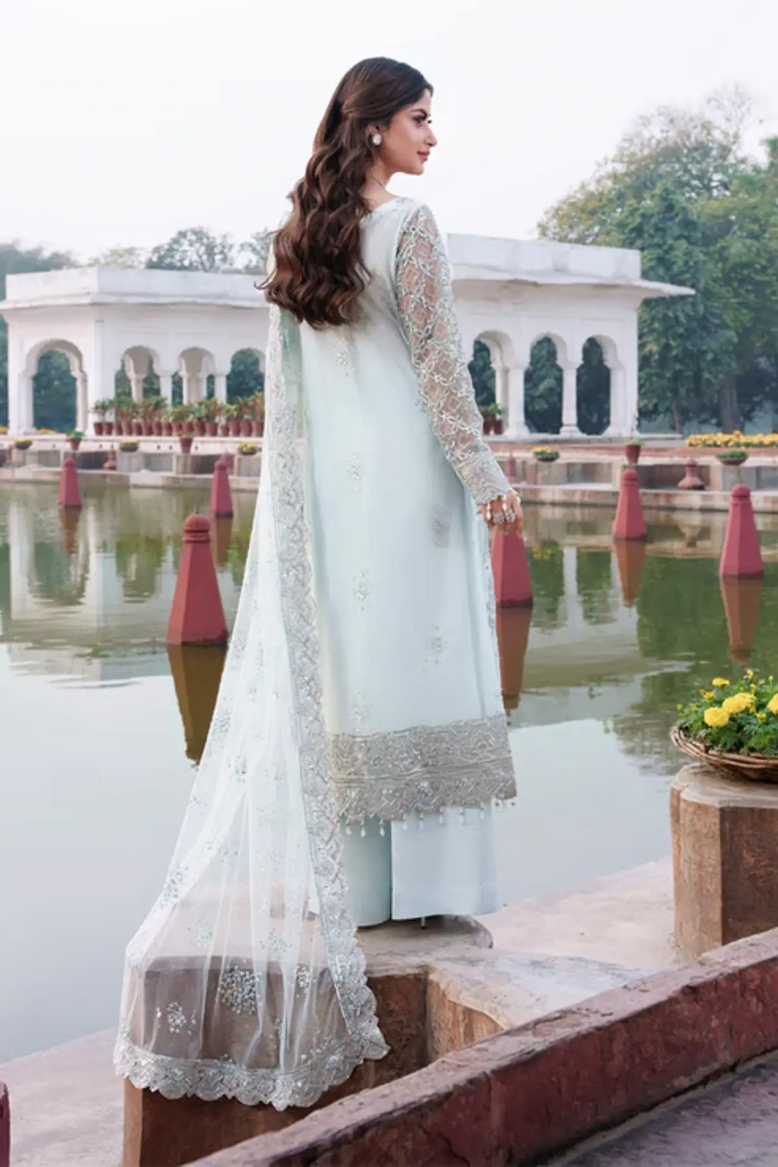 Aabshaar Imrozia Serene Sajal Vol 02 aqua blue stitched engagement formal dress 3D embroidered net Pakistanimoda.com