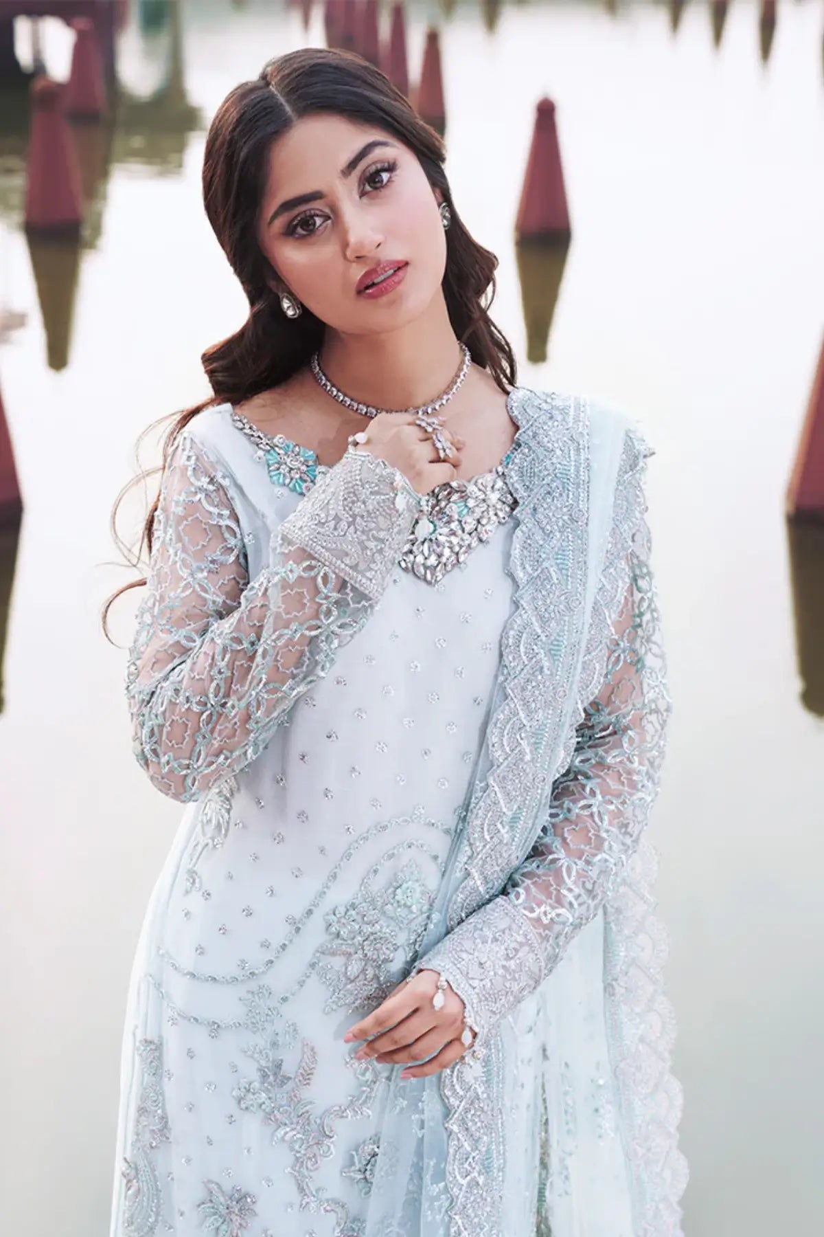 Aabshaar Imrozia Serene Sajal Vol 02 aqua blue stitched engagement formal dress 3D embroidered net Pakistanimoda.com