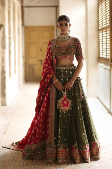 Aafrah Olive Green Silk Net Festive Lehenga Choli with Gold Pink Floral Embroidery, Pink Jamawar Dupatta and Embellished Pouch
