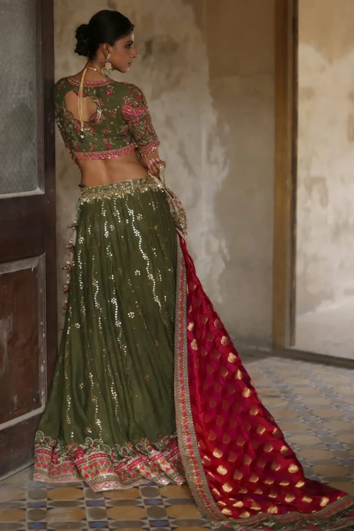Aafrah Olive Green Silk Net Festive Lehenga Choli with Gold Pink Floral Embroidery, Pink Jamawar Dupatta and Embellished Pouch