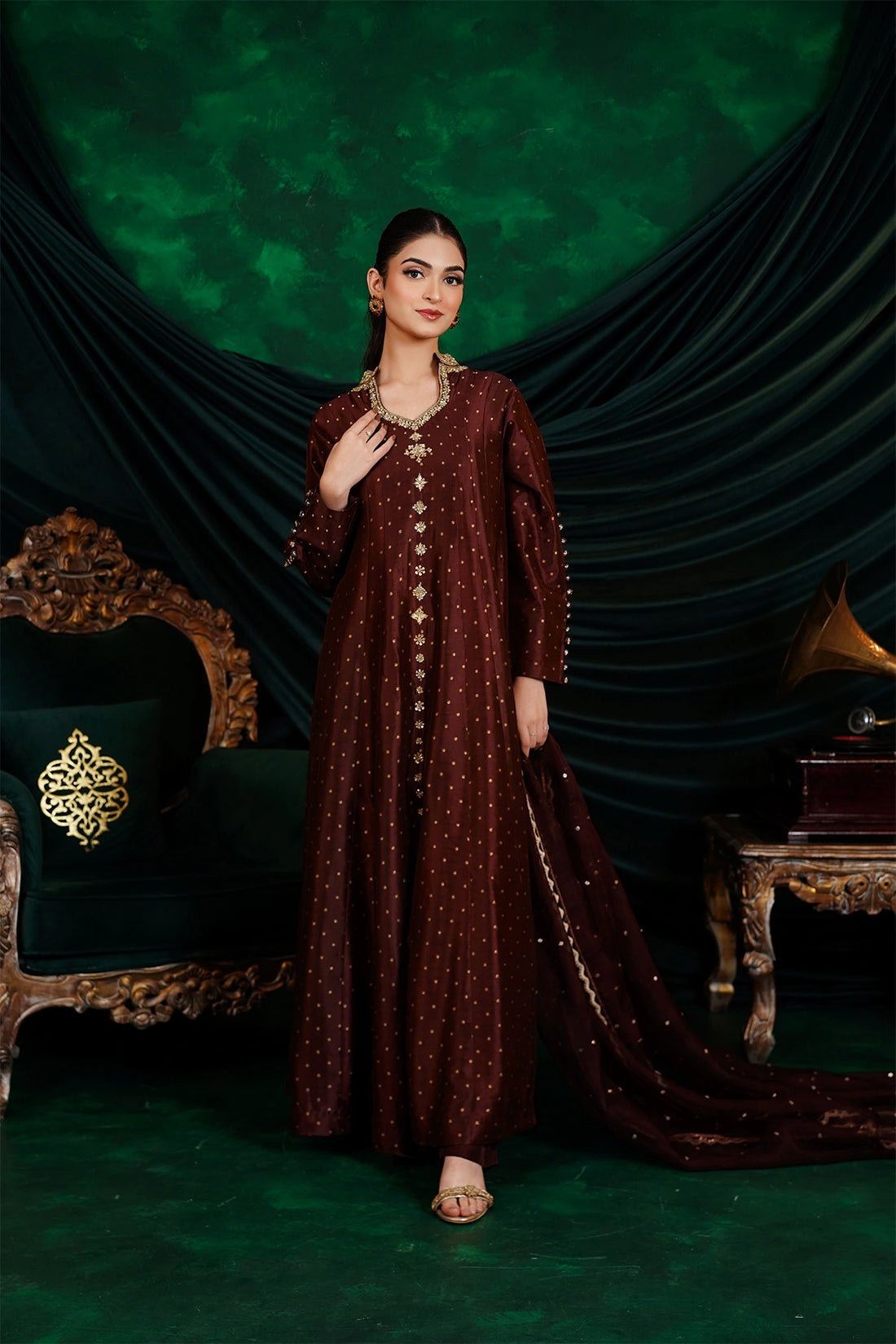 Aafreen chocolate brown sheesha silk Anarkali dress with silk pants and organza dupatta by MariamRaj