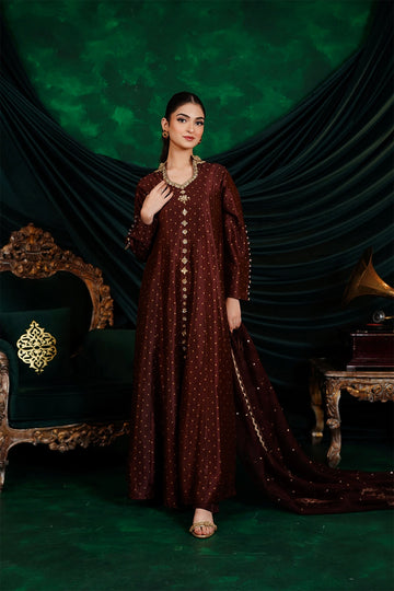 Aafreen chocolate brown sheesha silk Anarkali dress with silk pants and organza dupatta by MariamRaj