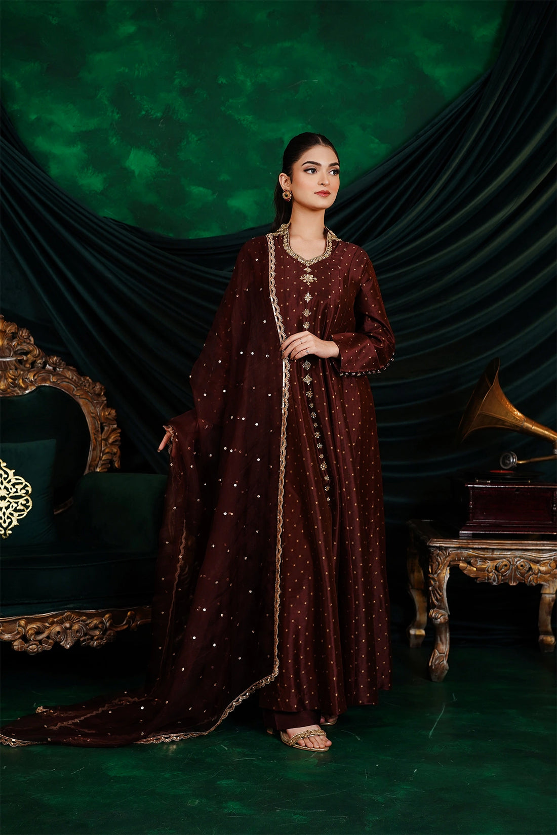 Aafreen chocolate brown sheesha silk Anarkali dress with silk pants and organza dupatta by MariamRaj