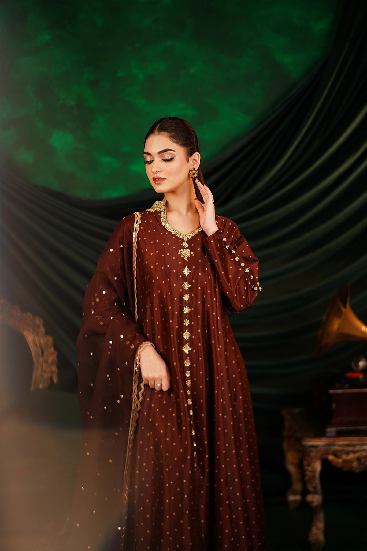 Aafreen chocolate brown sheesha silk Anarkali dress with silk pants and organza dupatta by MariamRaj