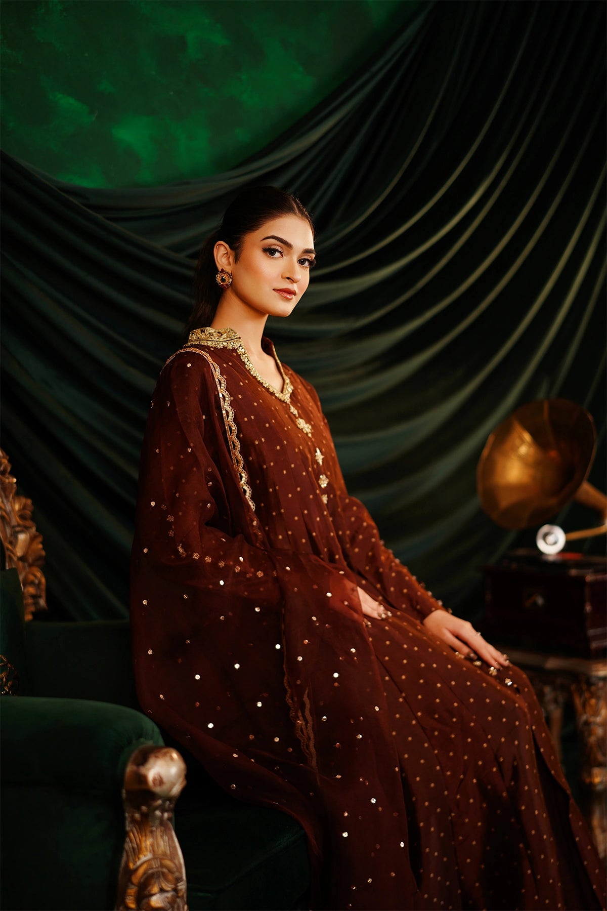 Aafreen chocolate brown sheesha silk Anarkali dress with silk pants and organza dupatta by MariamRaj