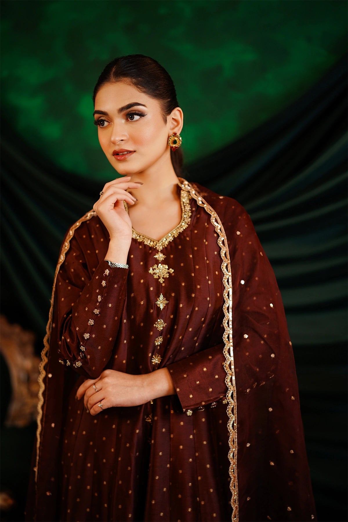 Aafreen chocolate brown sheesha silk Anarkali dress with silk pants and organza dupatta by MariamRaj