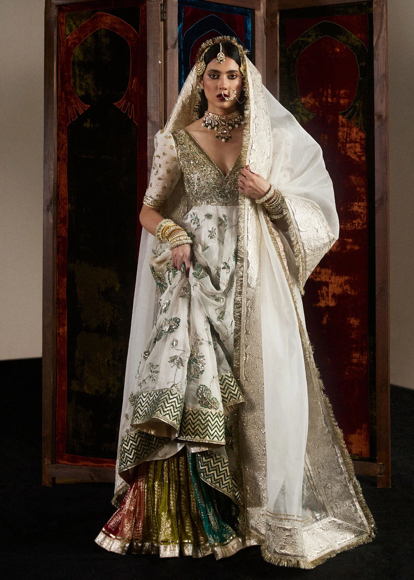 Aaaj-Ivory Pishwas with Emerald Detailing & Chanderi Silk Sharara