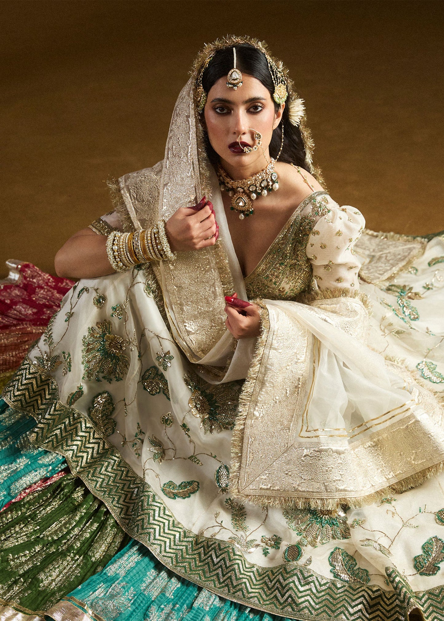 Aaaj-Ivory Pishwas with Emerald Detailing & Chanderi Silk Sharara