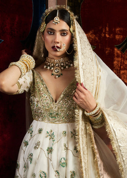 Aaaj-Ivory Pishwas with Emerald Detailing & Chanderi Silk Sharara