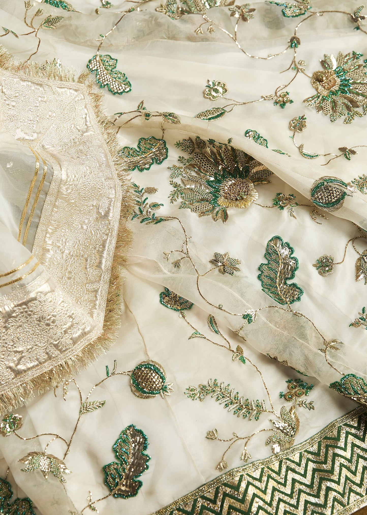 Aaaj-Ivory Pishwas with Emerald Detailing & Chanderi Silk Sharara