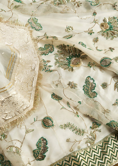 Aaaj-Ivory Pishwas with Emerald Detailing & Chanderi Silk Sharara