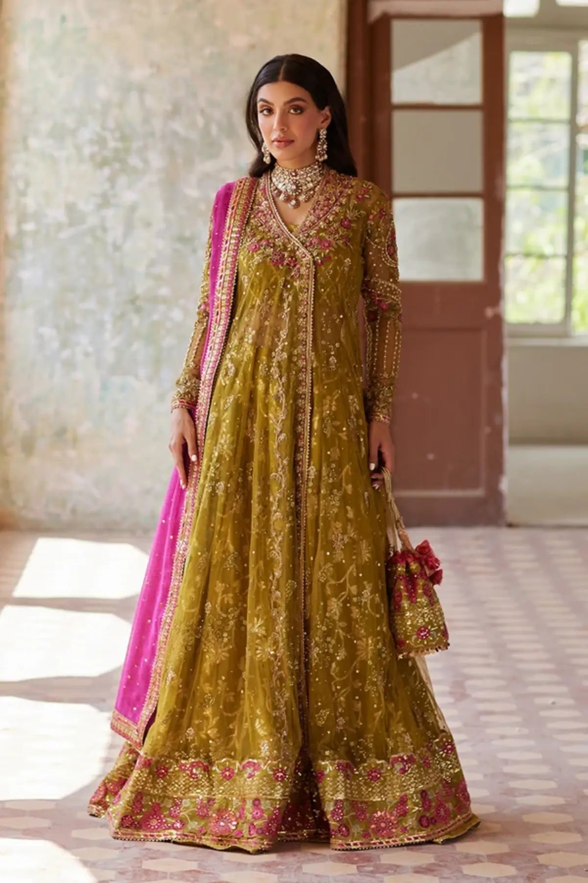 Aaliyah Olive Green Handworked Net Angrakha Mehndi Stitched Suit with Brocade Jamawar Pants, Magenta Khaddi Silk Dupatta and Embellished Pouch