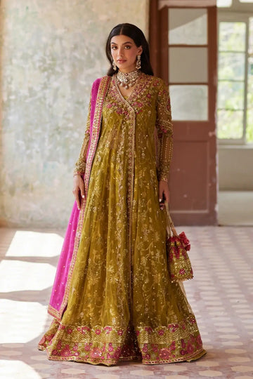 Aaliyah Olive Green Handworked Net Angrakha Mehndi Stitched Suit with Brocade Jamawar Pants, Magenta Khaddi Silk Dupatta and Embellished Pouch