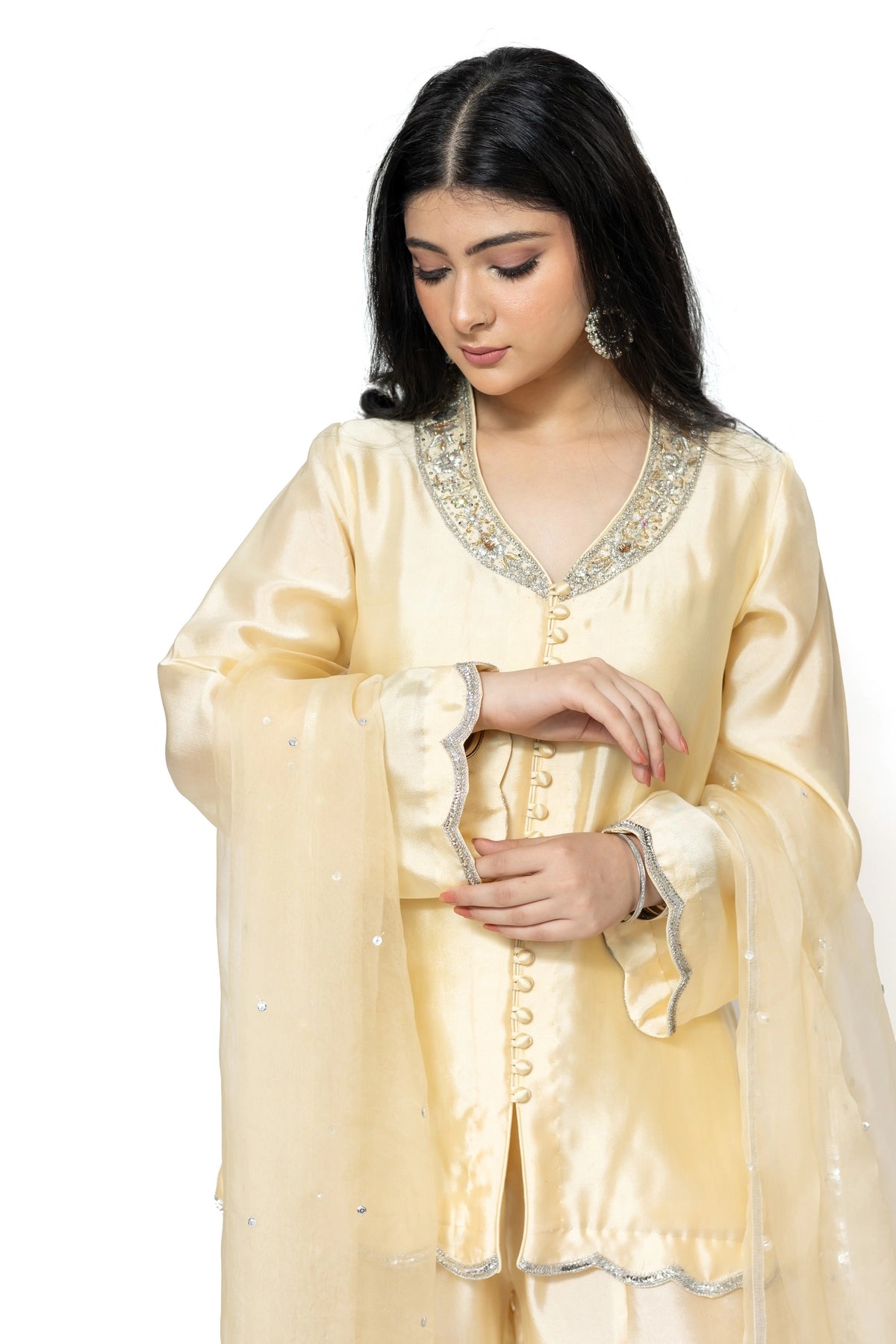 Aarohi gold Sheesha silk stitched 3PC suit with handwork and organza dupatta from Soroya by MariamRaj