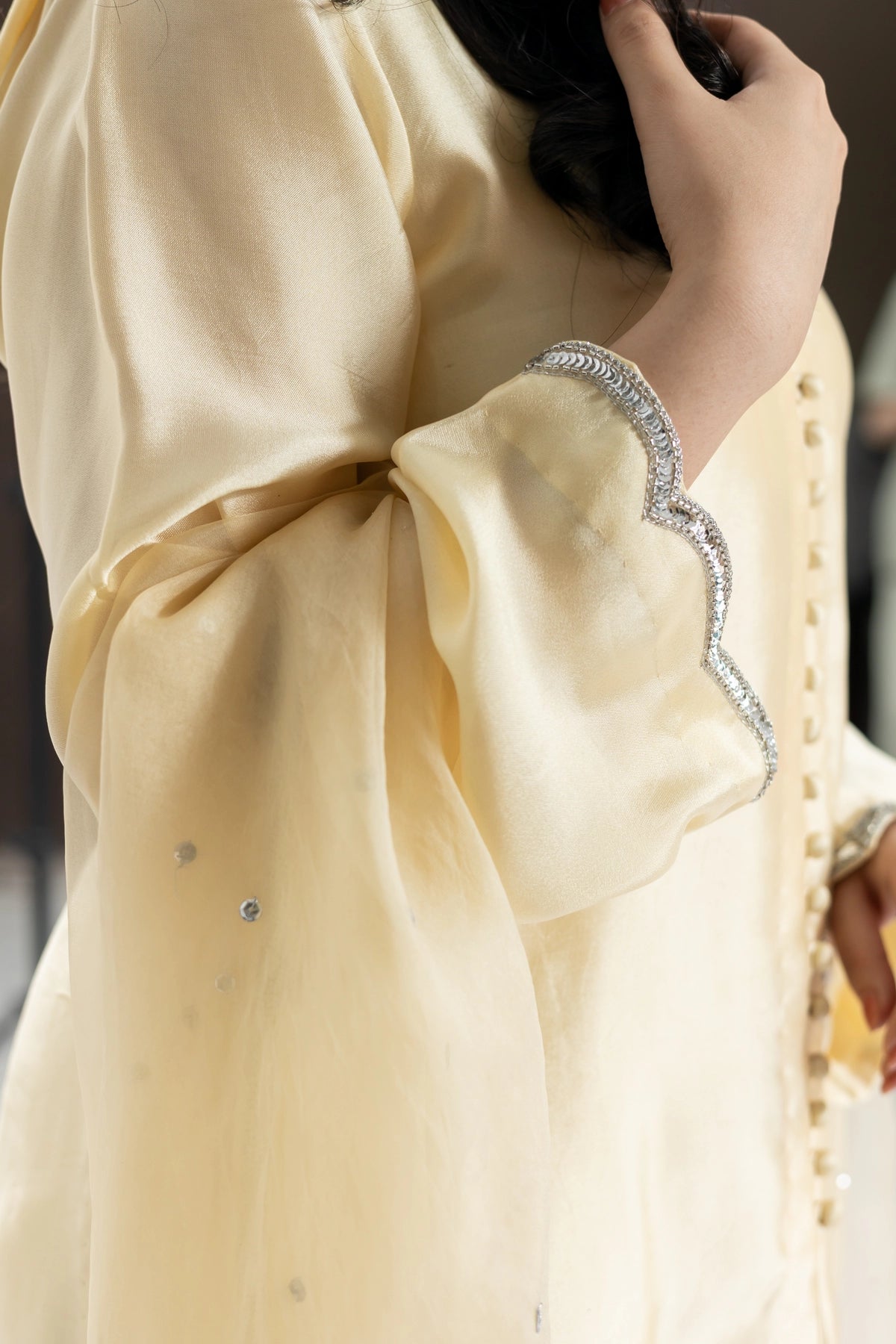 Aarohi gold Sheesha silk stitched 3PC suit with handwork and organza dupatta from Soroya by MariamRaj