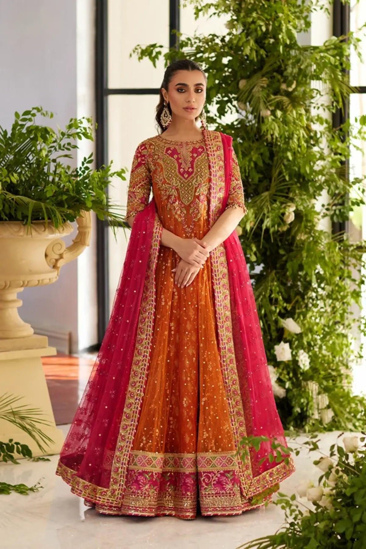 Aarya Coral Zardozi Net Dholki Pishwas with Cotton Brocade Lehenga, Pink Net Dupatta and Gold Floral Handwork