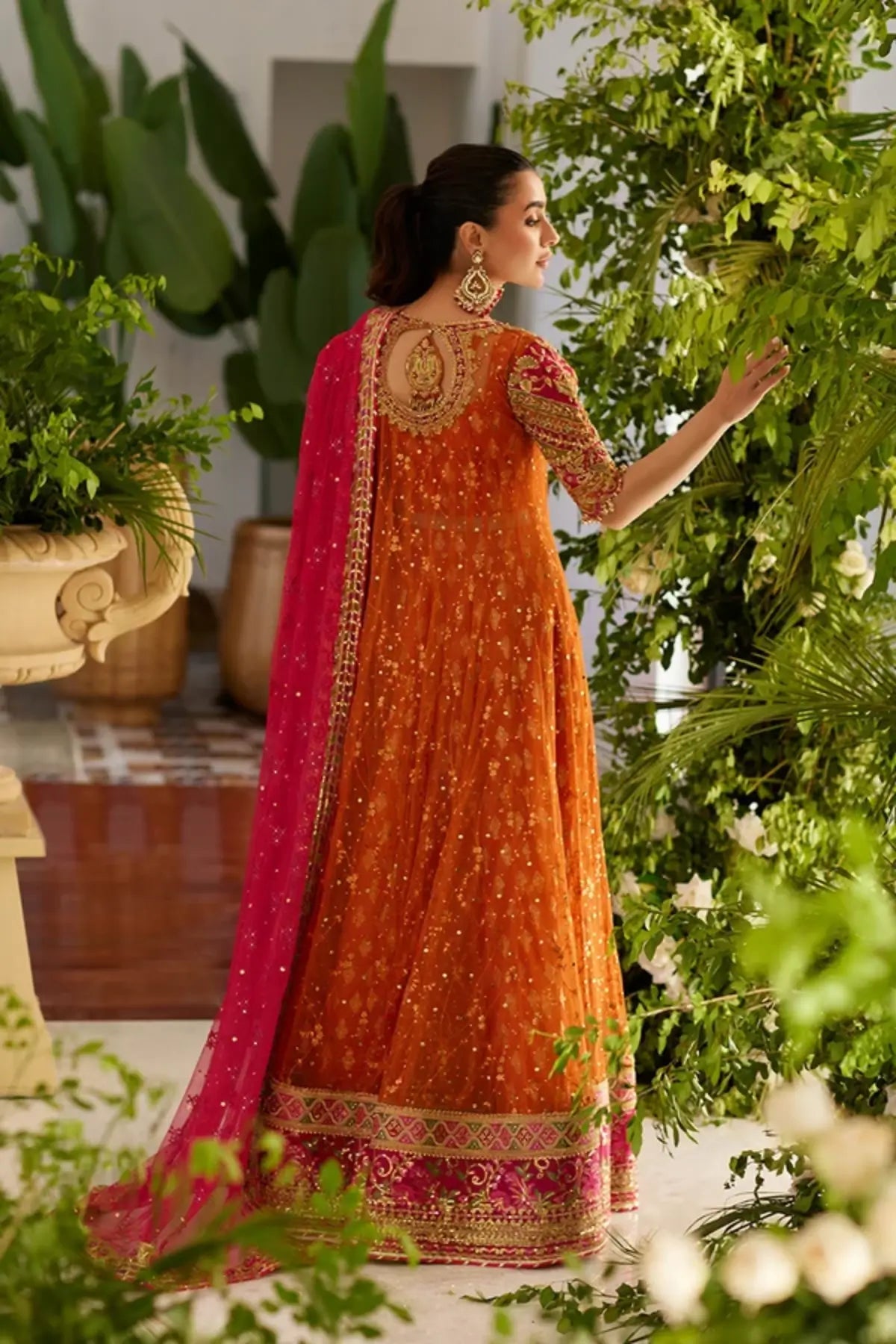 Aarya Coral Zardozi Net Dholki Pishwas with Cotton Brocade Lehenga, Pink Net Dupatta and Gold Floral Handwork