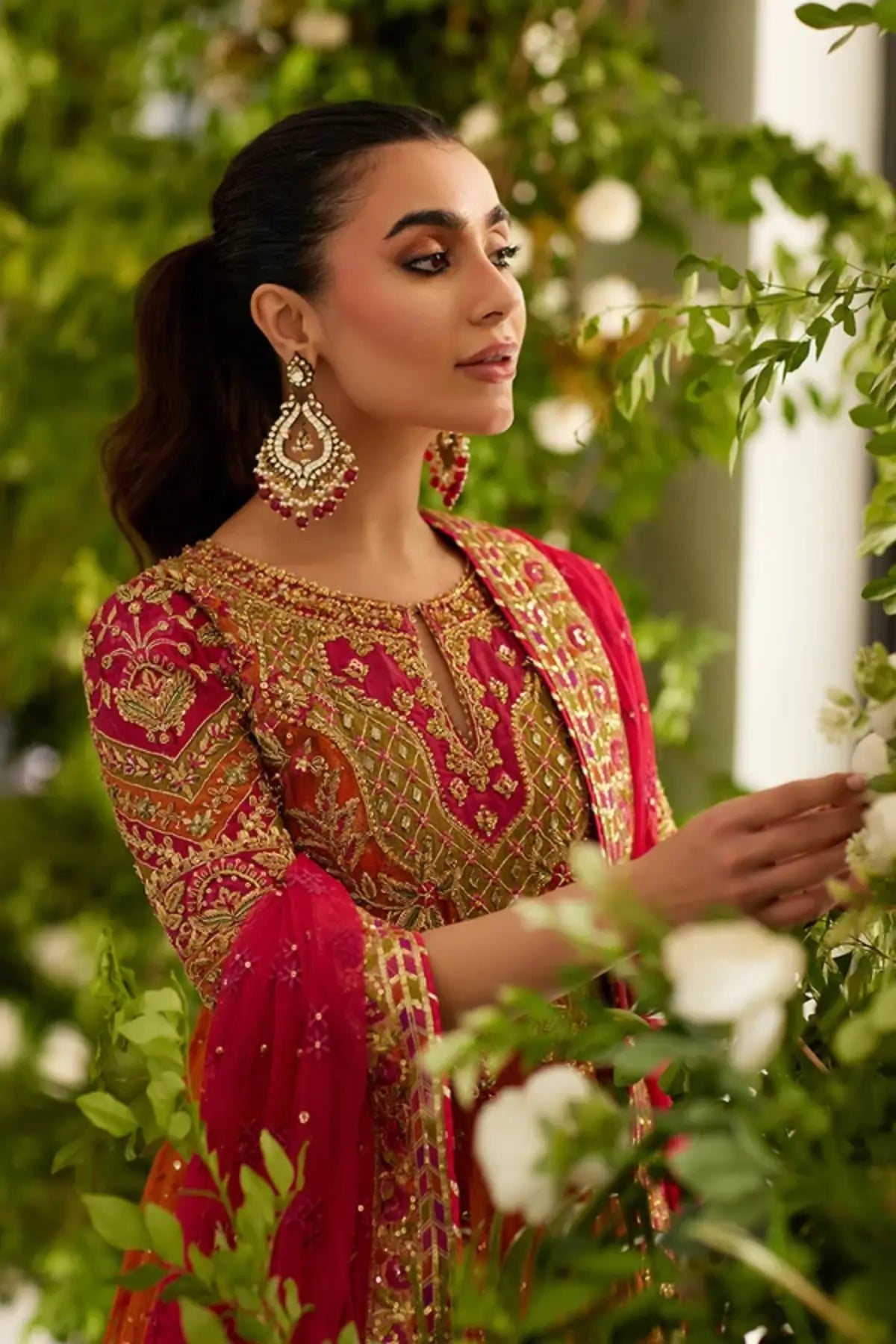 Aarya Coral Zardozi Net Dholki Pishwas with Cotton Brocade Lehenga, Pink Net Dupatta and Gold Floral Handwork