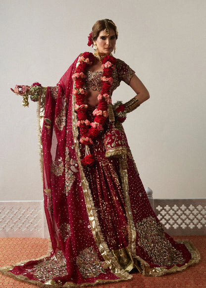 Aatish-een-Wine Red Chanderi Silk Lehenga with Embellished Organza Blouse