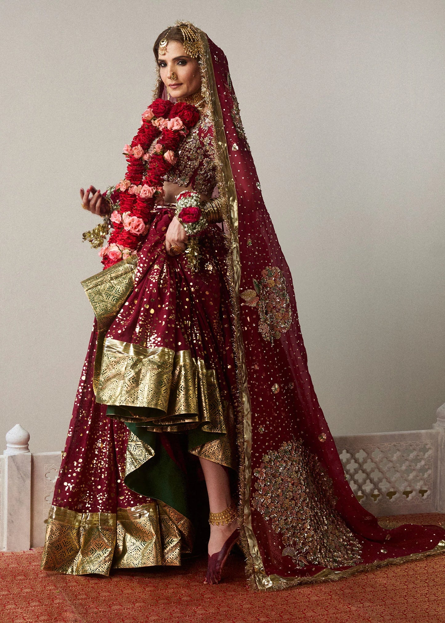 Aatish-een-Wine Red Chanderi Silk Lehenga with Embellished Organza Blouse