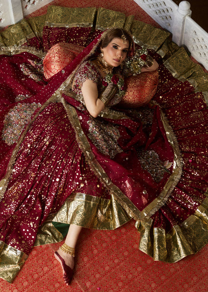 Aatish-een-Wine Red Chanderi Silk Lehenga with Embellished Organza Blouse