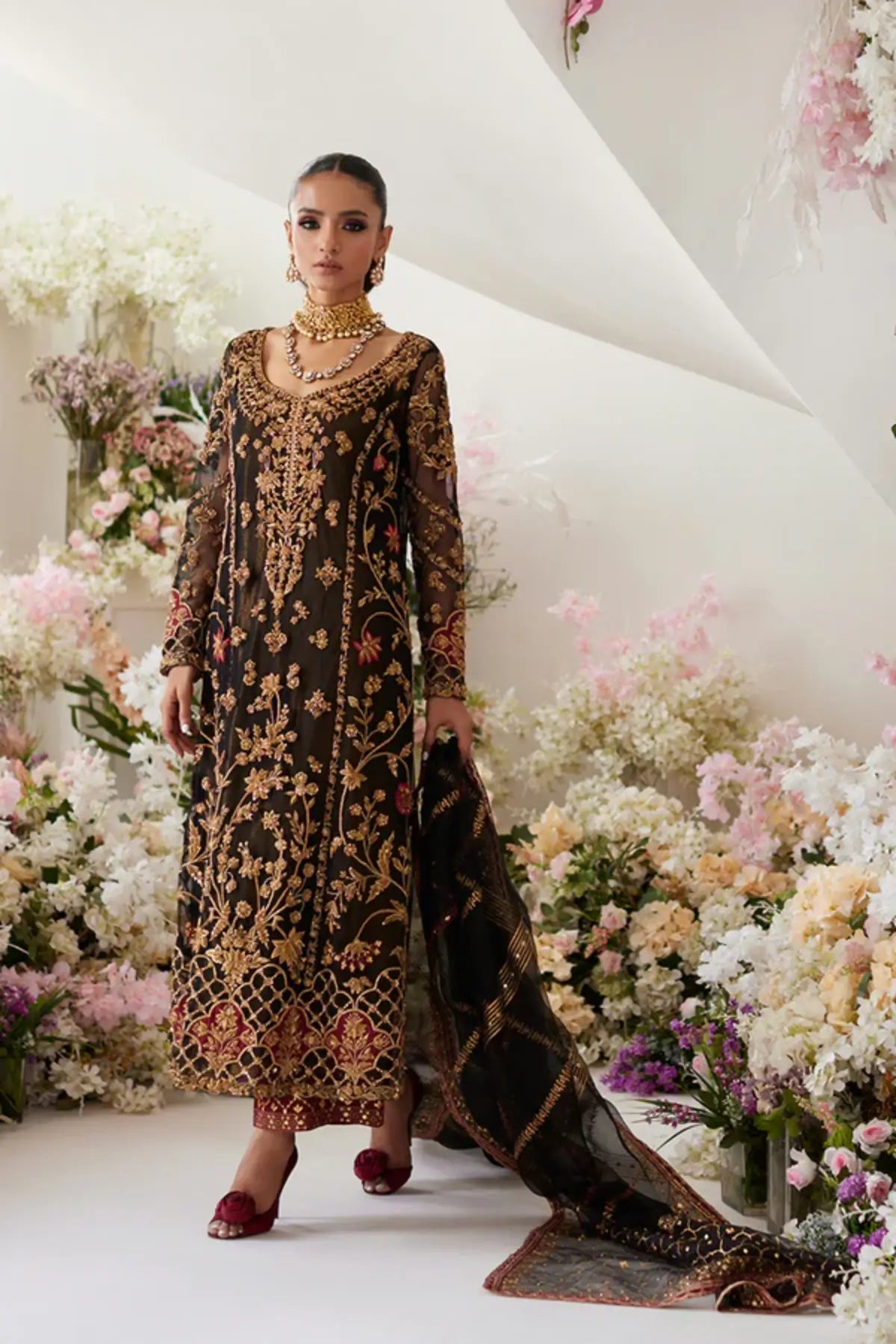 Aayla Black Hand Embellished Net Formal Shirt with Gold Zardozi Work, Cotton Silk Ajaar Pants and Embellished Organza Dupatta